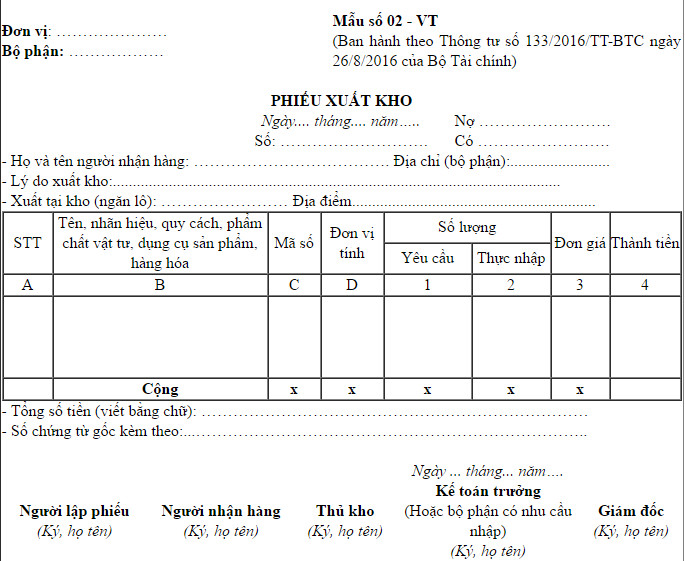 phiếu xuất kho theo thông tư 133